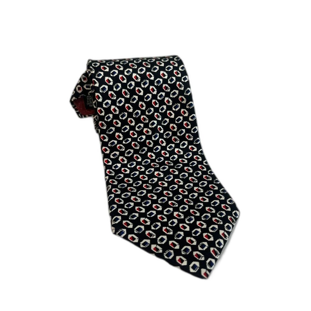 Christian Dior Monsieur Geometric 100% SILK Tie Black Red Cream Oval Italy
